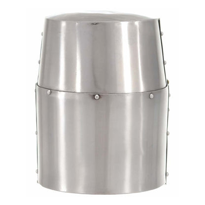 Plain steel helmet with riveted construction, no face guard visible
