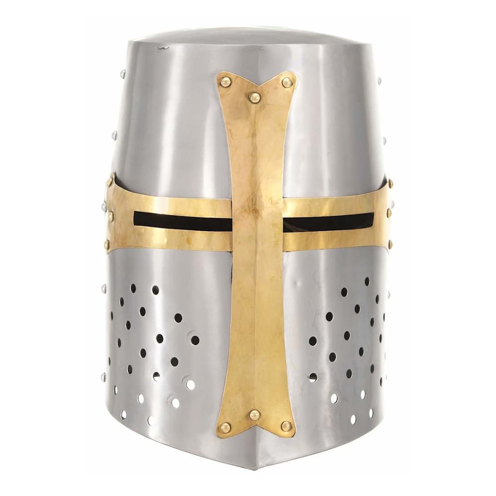 Silver steel helmet with a brass cross detail and eye slits