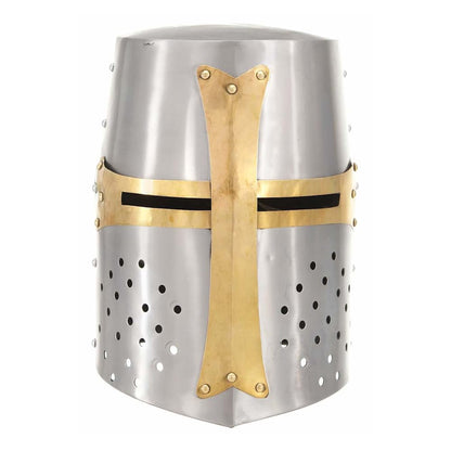 Silver steel helmet with a brass cross detail and eye slits