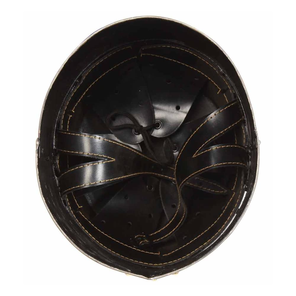 Inside of the knight helmet showing leather lining and straps