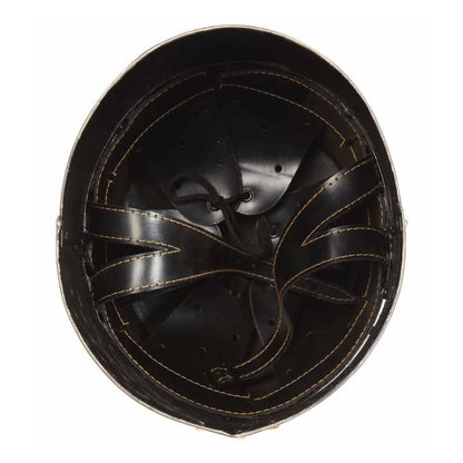 Inside of the knight helmet showing leather lining and straps