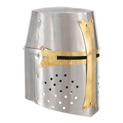 Medieval Crusader Knight Helmet Antique Replica LARP Silver Steel front view with brass cross detail