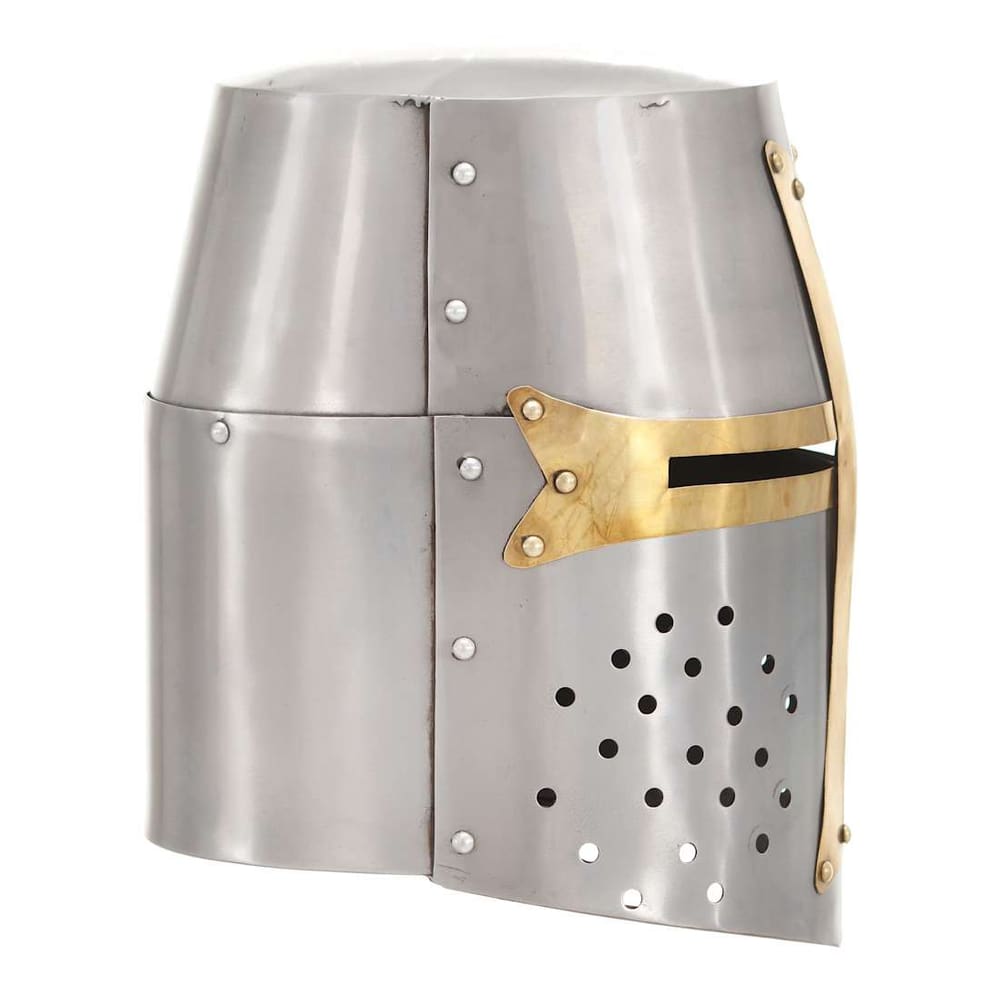 Side view of the antique replica knight helmet with ventilation holes
