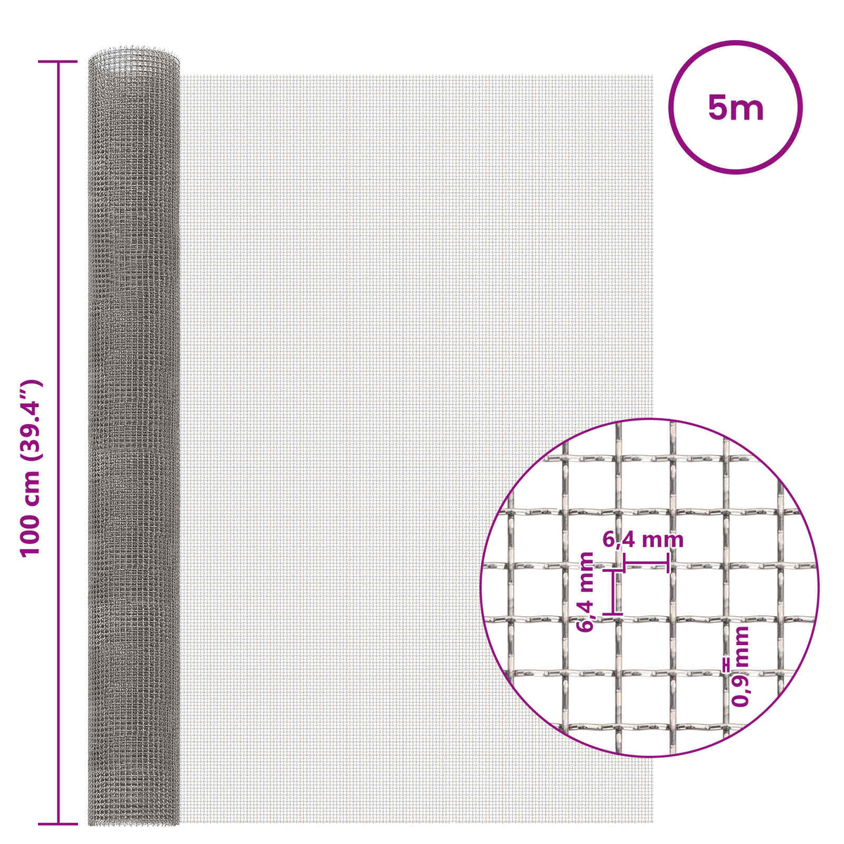 Diagram showing the dimensions of the stainless steel mesh screen roll