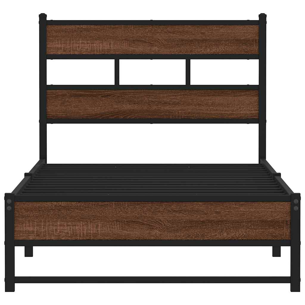 The brown oak and metal bed frame headboard and footboard detail