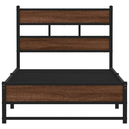The brown oak and metal bed frame headboard and footboard detail