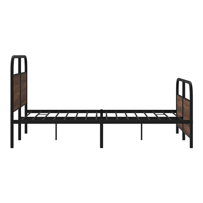 The metal bed frame without mattress has a slatted base and a black metal frame with brown wooden effect panels