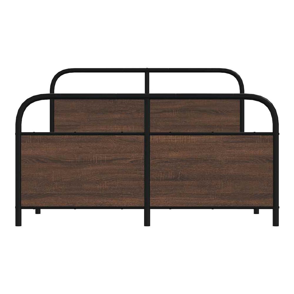 The headboard of the brown oak metal bed frame features wooden effect panels and a black metal frame