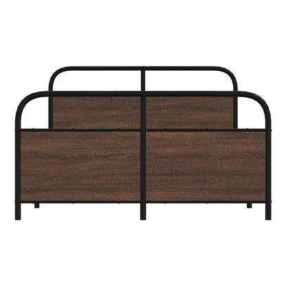 The headboard of the brown oak metal bed frame features wooden effect panels and a black metal frame