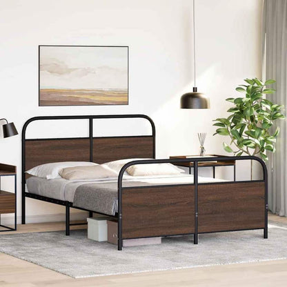 The brown oak metal bed frame is set up in a bedroom with a mattress and bedside table