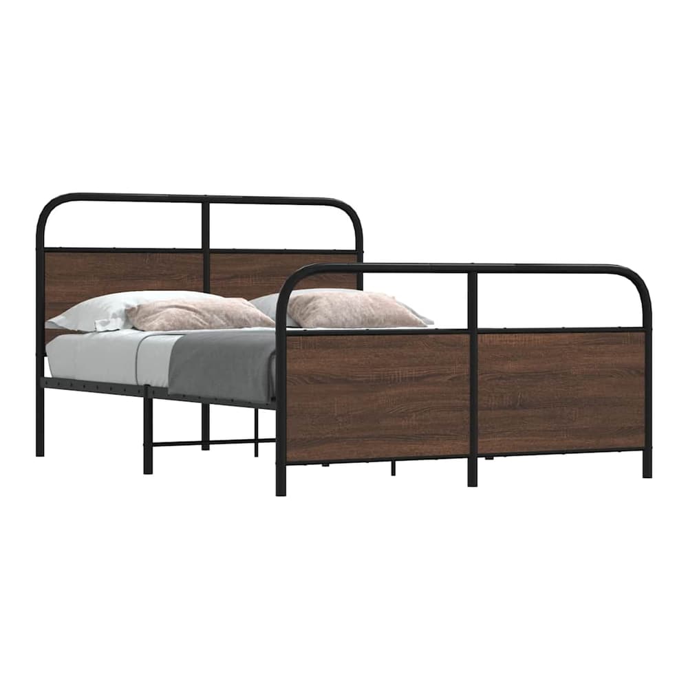 vidaXL Metal Bed Frame without Mattress Brown Oak, a metal bed frame with wooden effect panels and a black metal frame