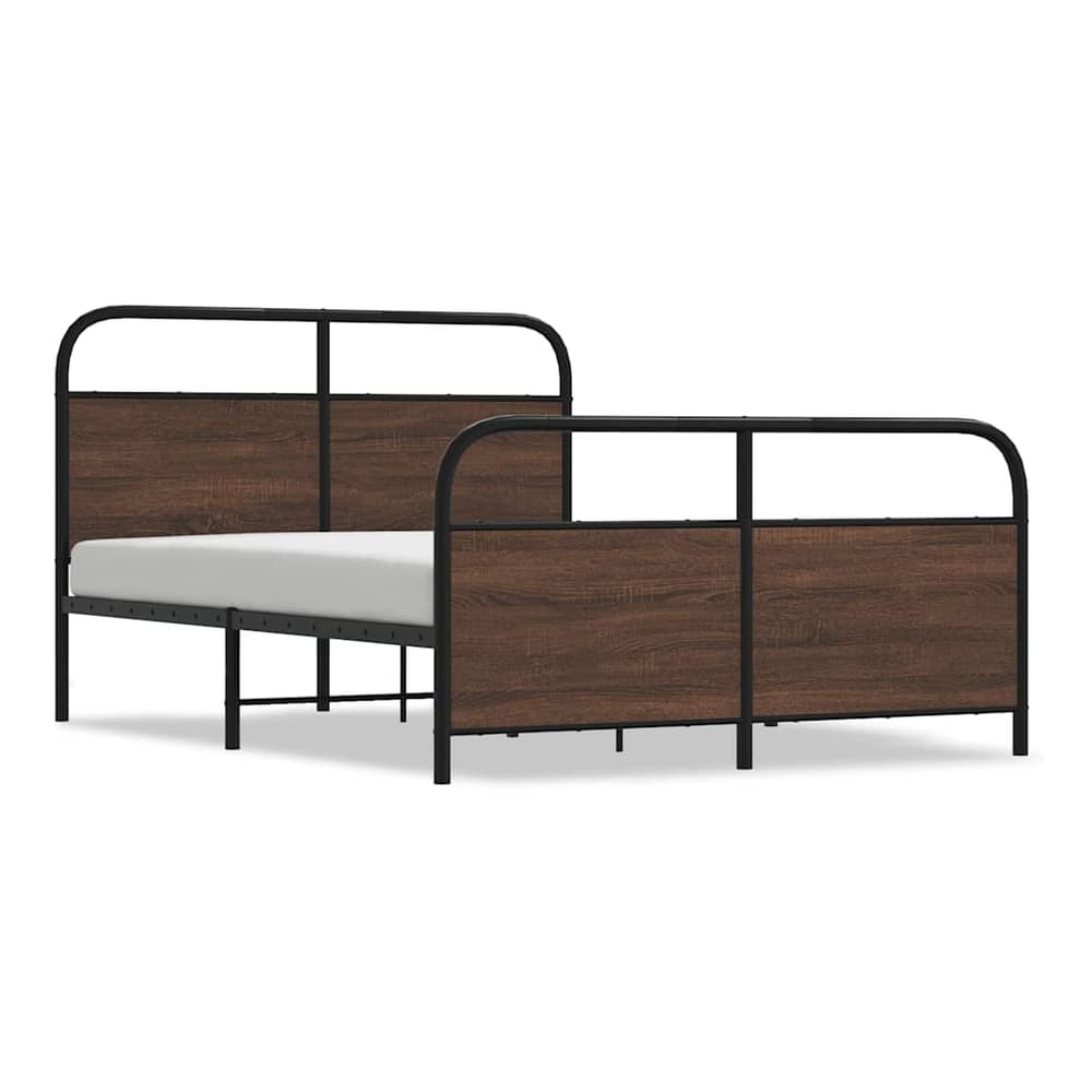The metal bed frame without mattress has a black metal frame and brown wooden effect panels on the headboard and footboard