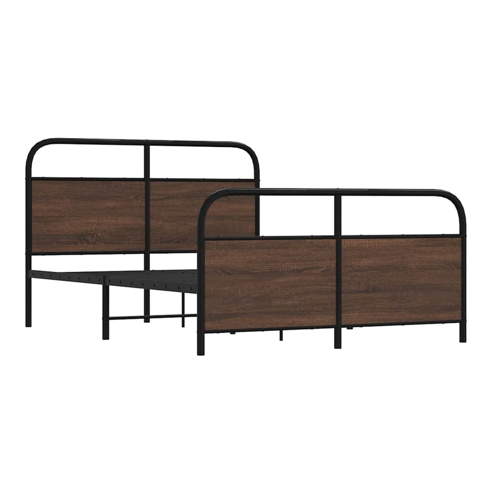 This metal bed frame has a brown oak effect finish on the wooden panels and a black metal structure