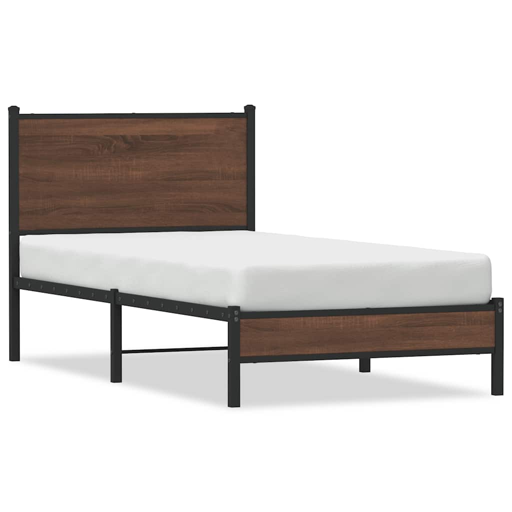 the single bed frame with a brown wood effect headboard and black metal frame, shown with a white mattress