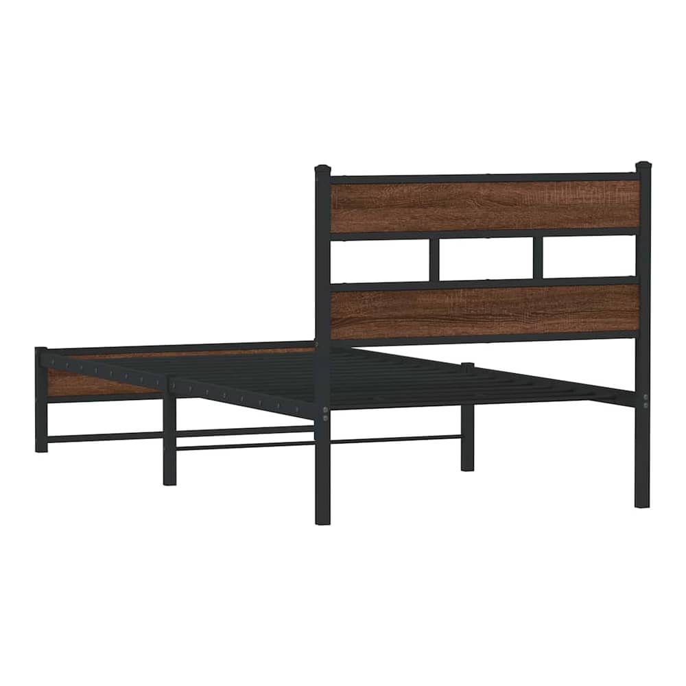 The brown oak and metal bed frame shown from the back left side