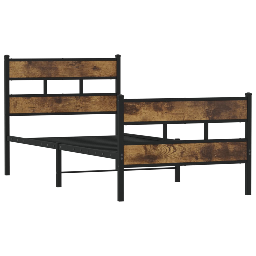 The metal bed frame shown without a mattress to reveal the slatted base structure