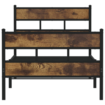 The metal bed frame viewed directly from the foot end showing the wood effect panels