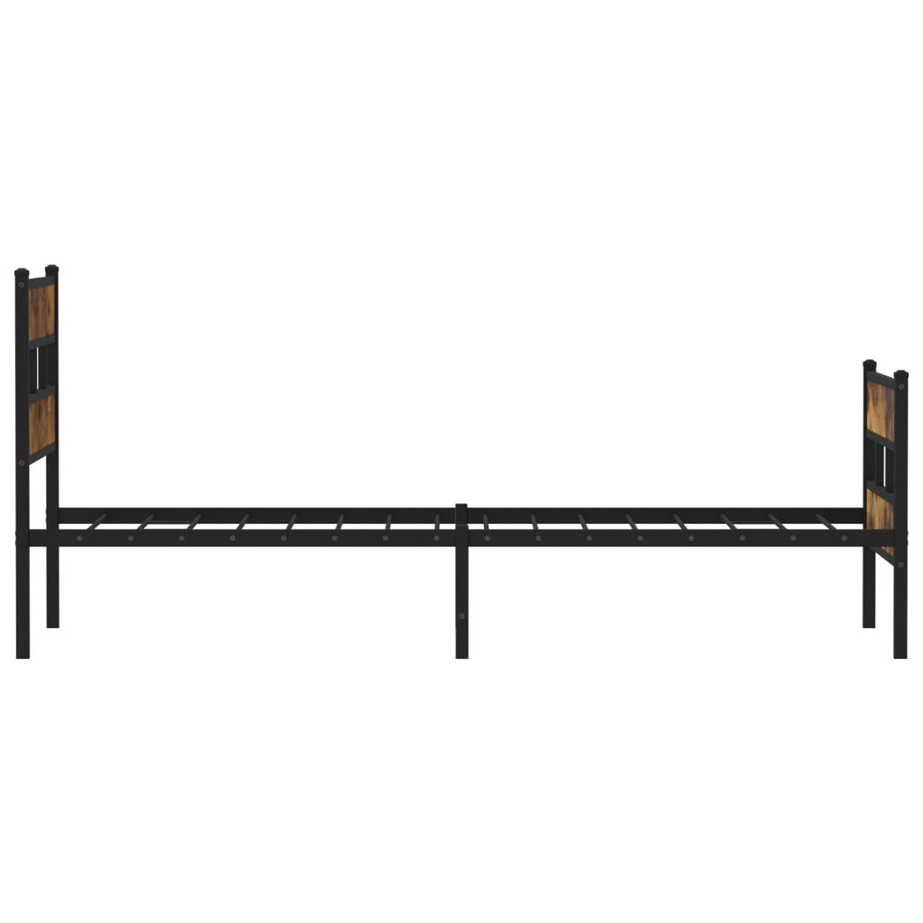 The metal bed frame seen from the side showing the long frame and support legs