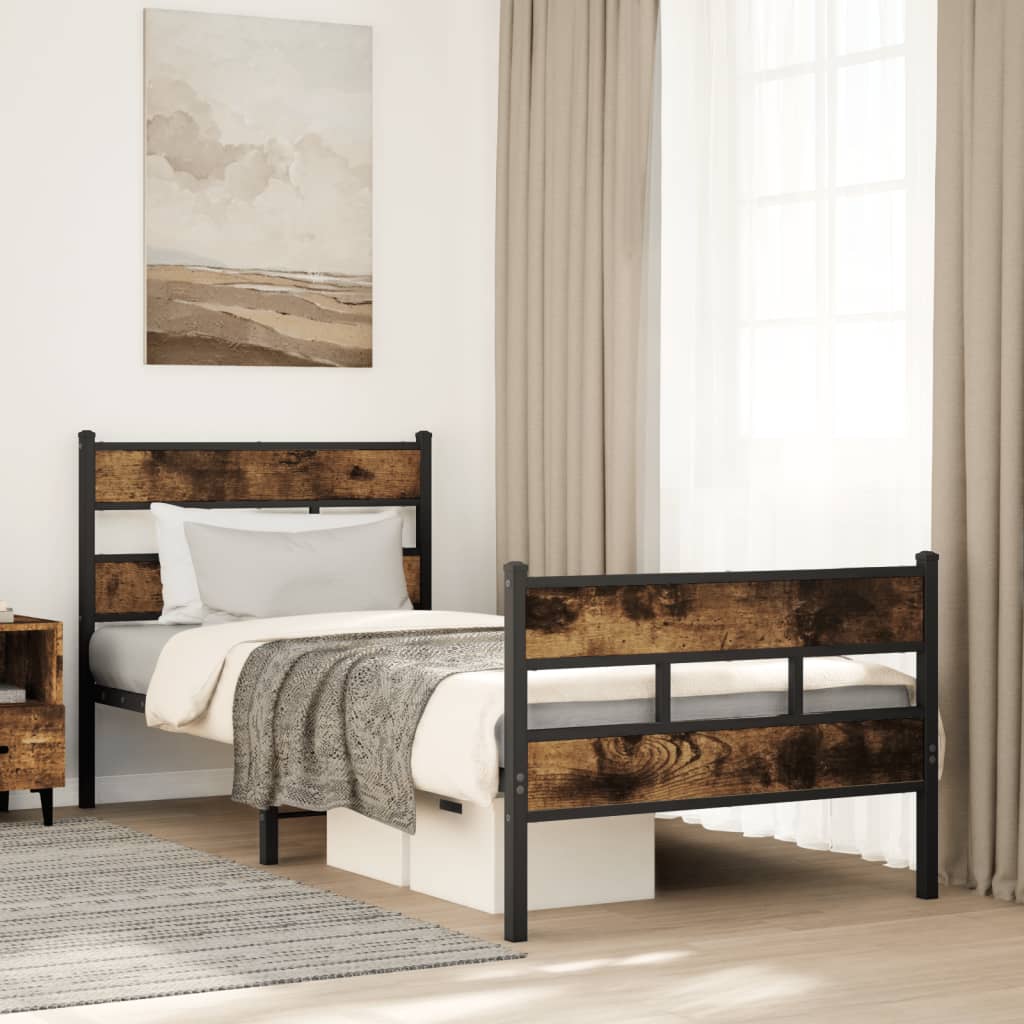 vidaXL Metal Bed Frame without Mattress Smoked Oak set up in a bright bedroom with bedding