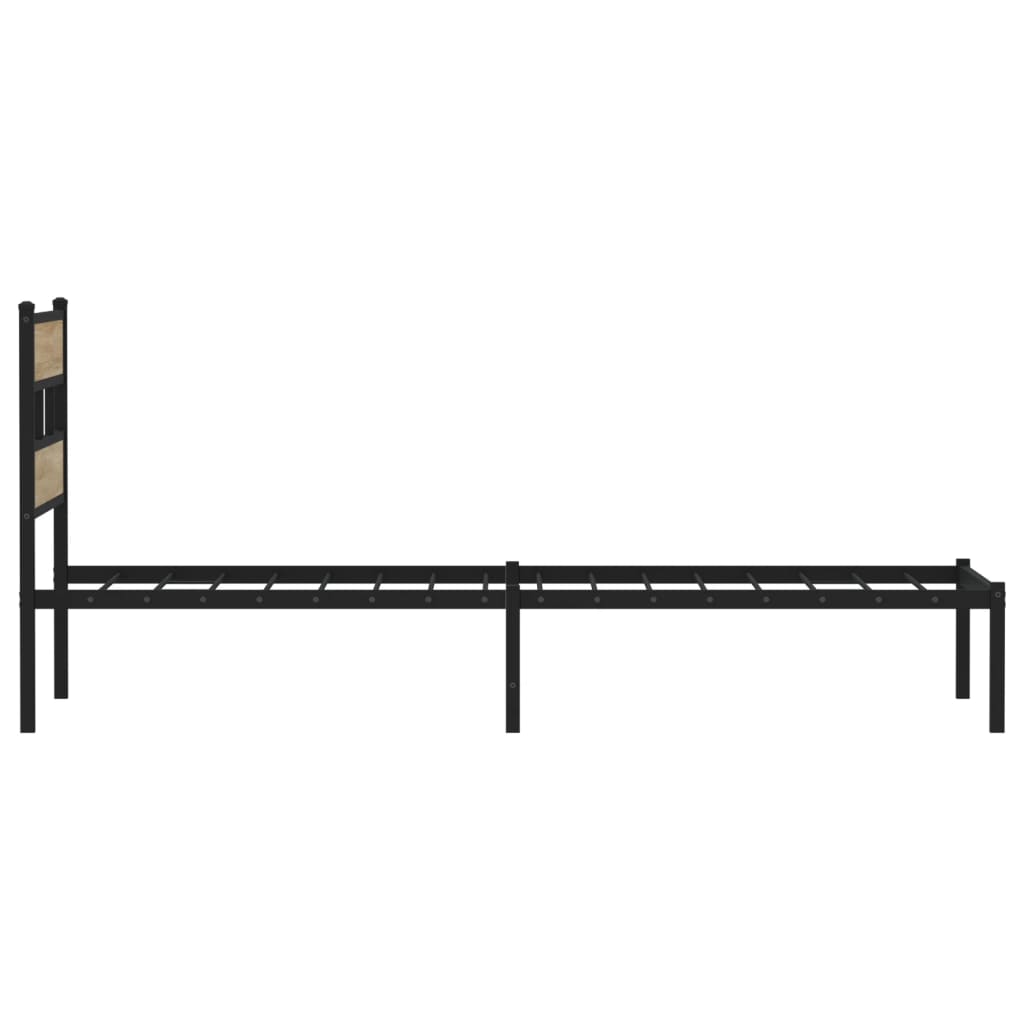 The metal bed frame is viewed from the side, showing its black metal frame and oak effect headboard detail