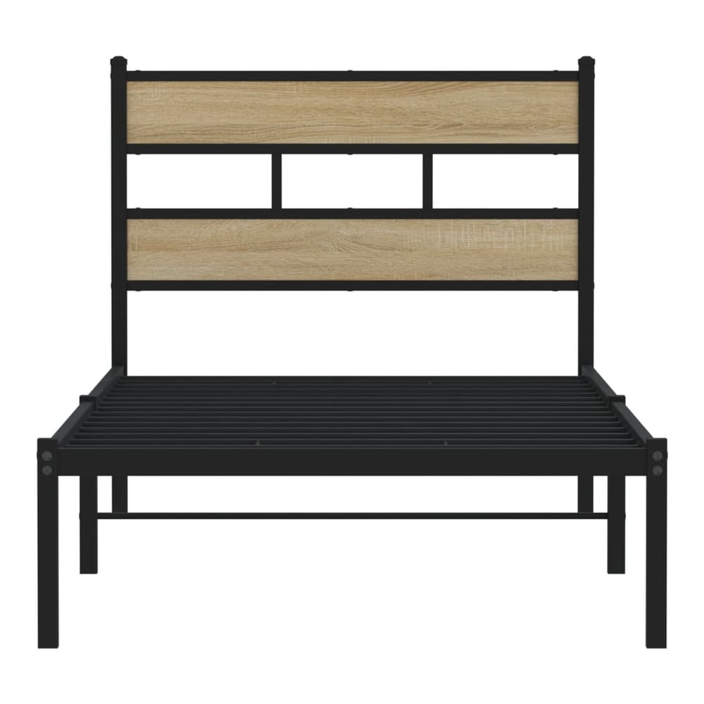 The metal bed frame with a wood effect headboard shown from the front