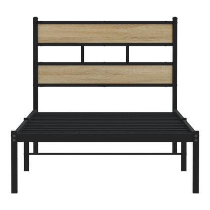 The metal bed frame with a wood effect headboard shown from the front