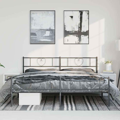 black metal bed frame without mattress in a room with bedding