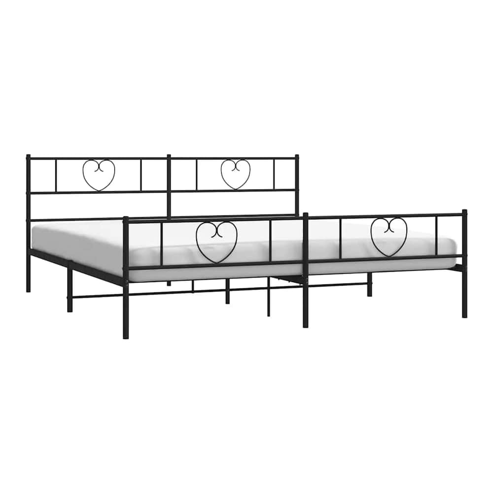 The metal bed frame has a black finish and features heart shapes on the headboard and footboard