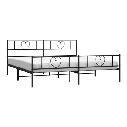 The metal bed frame has a black finish and features heart shapes on the headboard and footboard