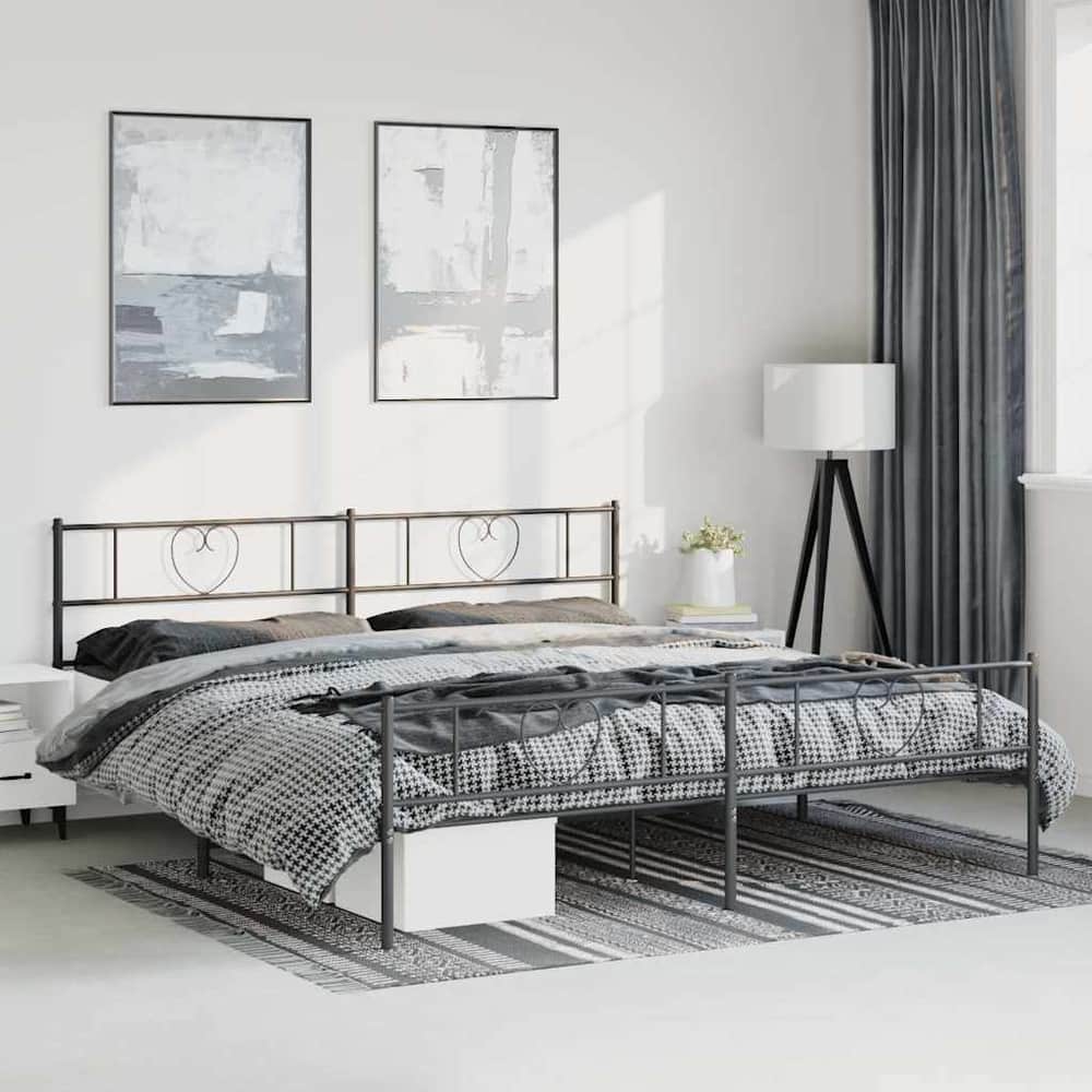 vidaXL Metal Bed Frame without Mattress with Footboard Black set up in a bedroom with bedding