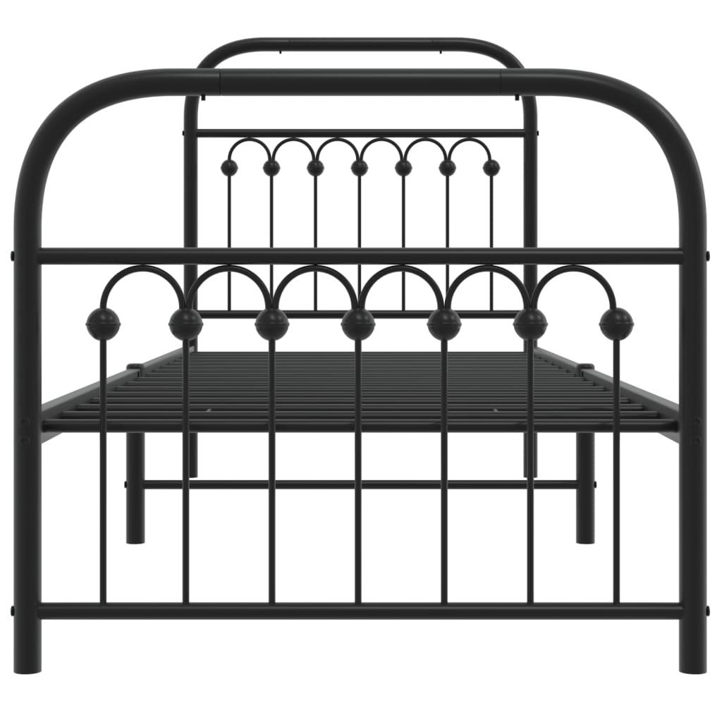 The black metal bed frame shown from the front, without a mattress