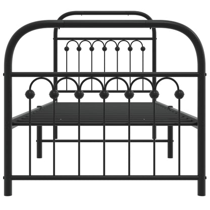 The black metal bed frame shown from the front, without a mattress