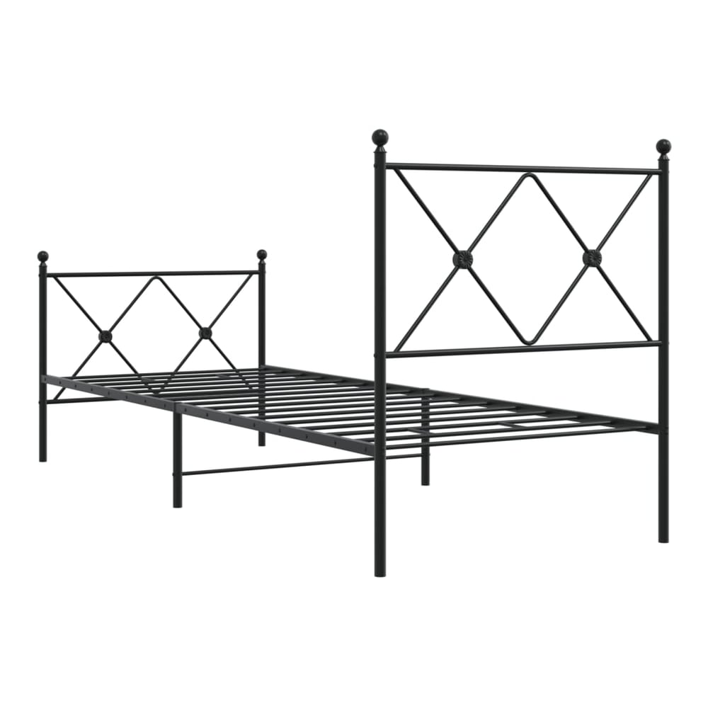 black metal bed frame without mattress, showing the headboard detail