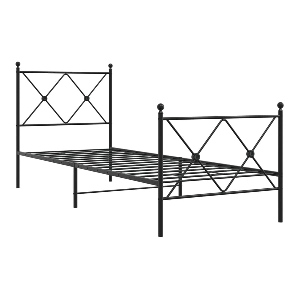 black metal bed frame without mattress, showing the slatted base