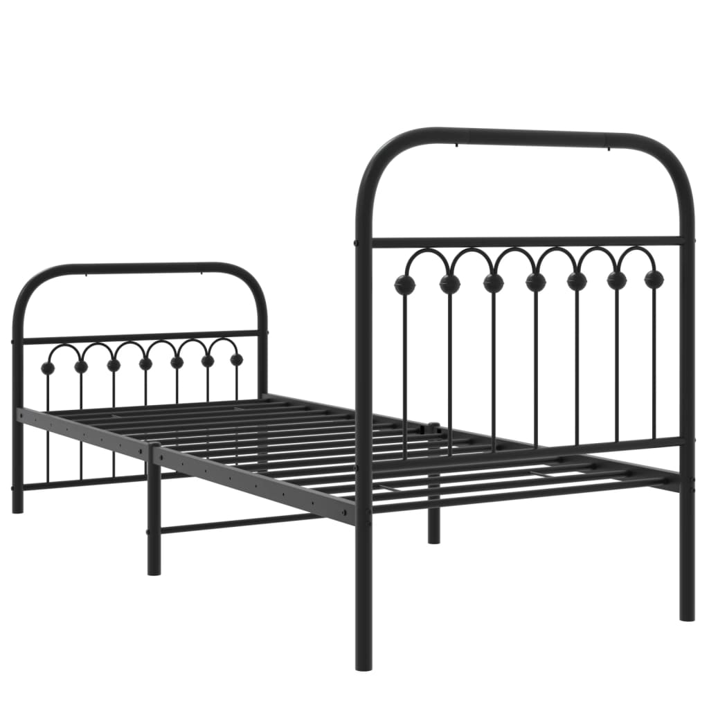 The black metal bed frame shown from a three-quarter angle, without a mattress