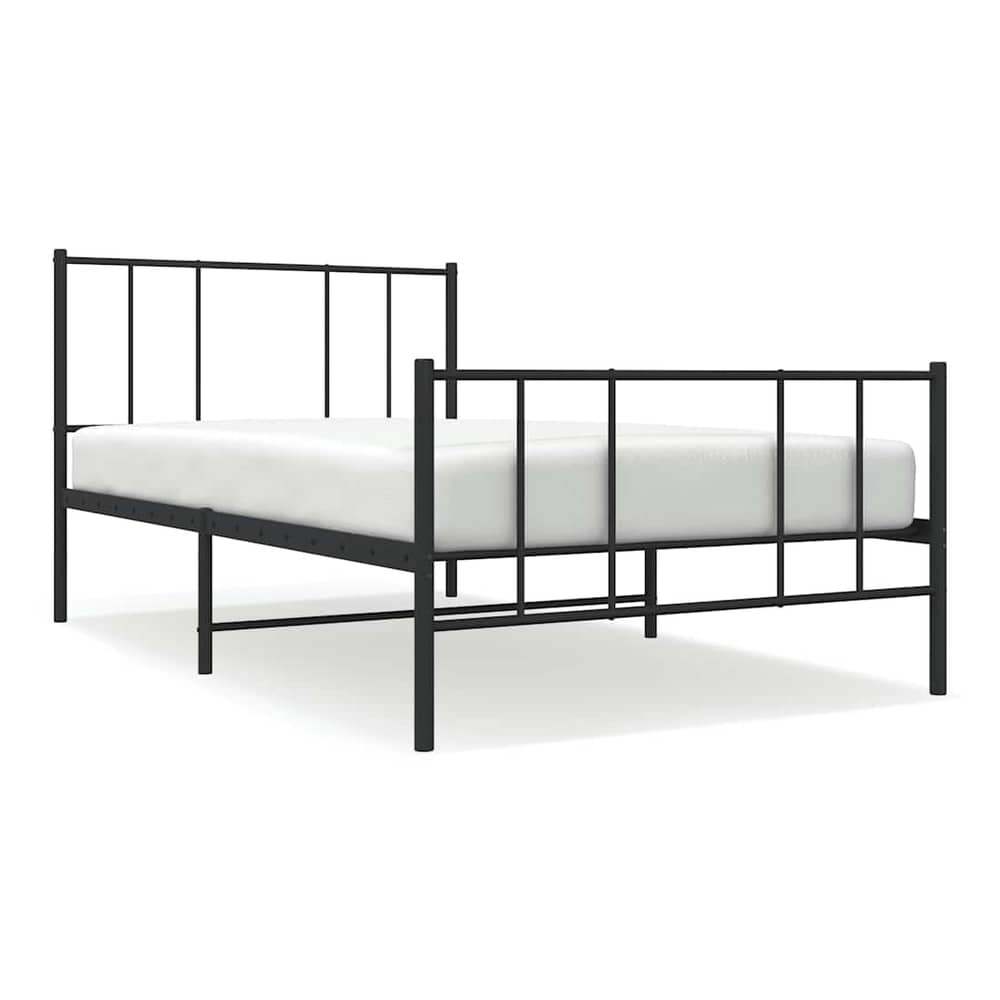 The black metal bed frame shown with a mattress and storage boxes underneath