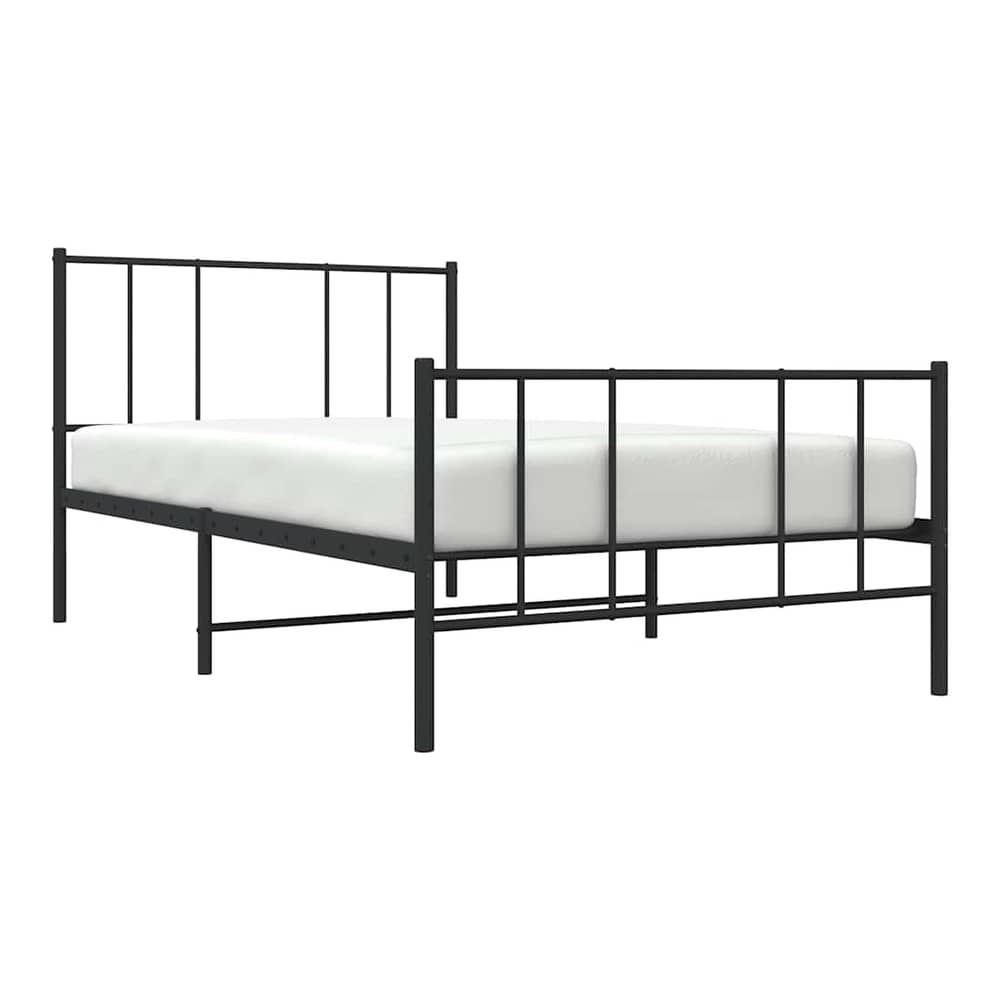 The metal bed frame with a mattress, viewed from the front