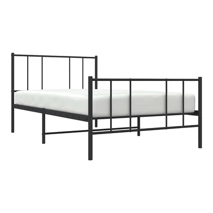 The metal bed frame with a mattress, viewed from the front