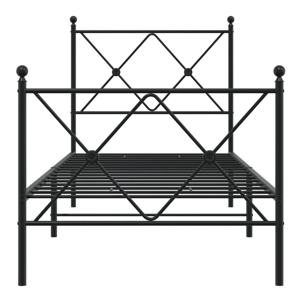 Front view of the black metal bed frame, showing the headboard and footboard detail