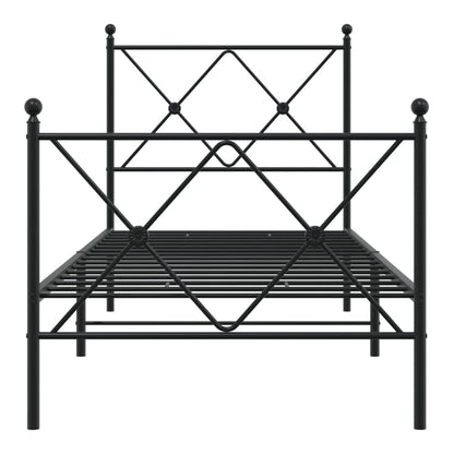 Front view of the black metal bed frame, showing the headboard and footboard detail