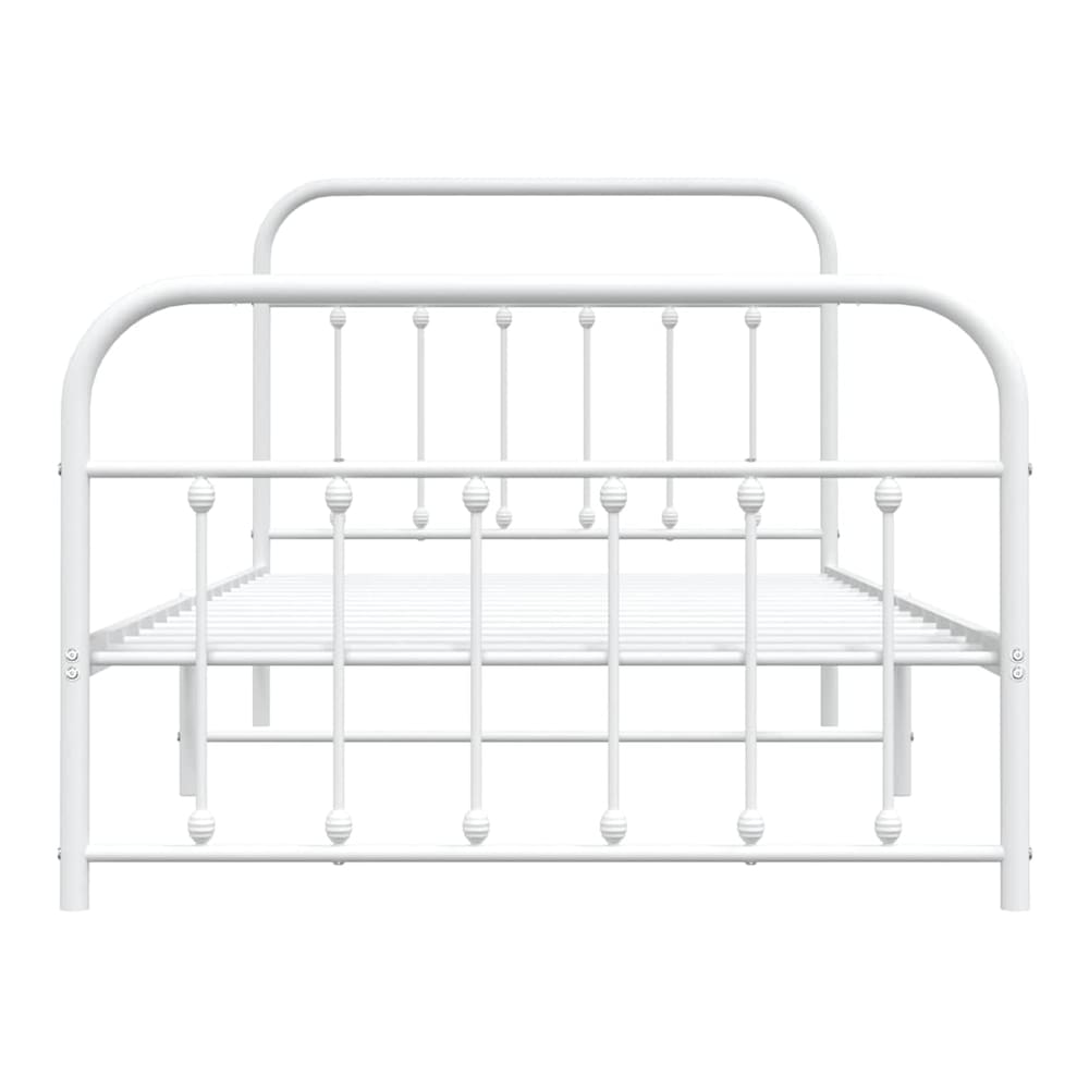White metal bed frame, front view showing headboard detail