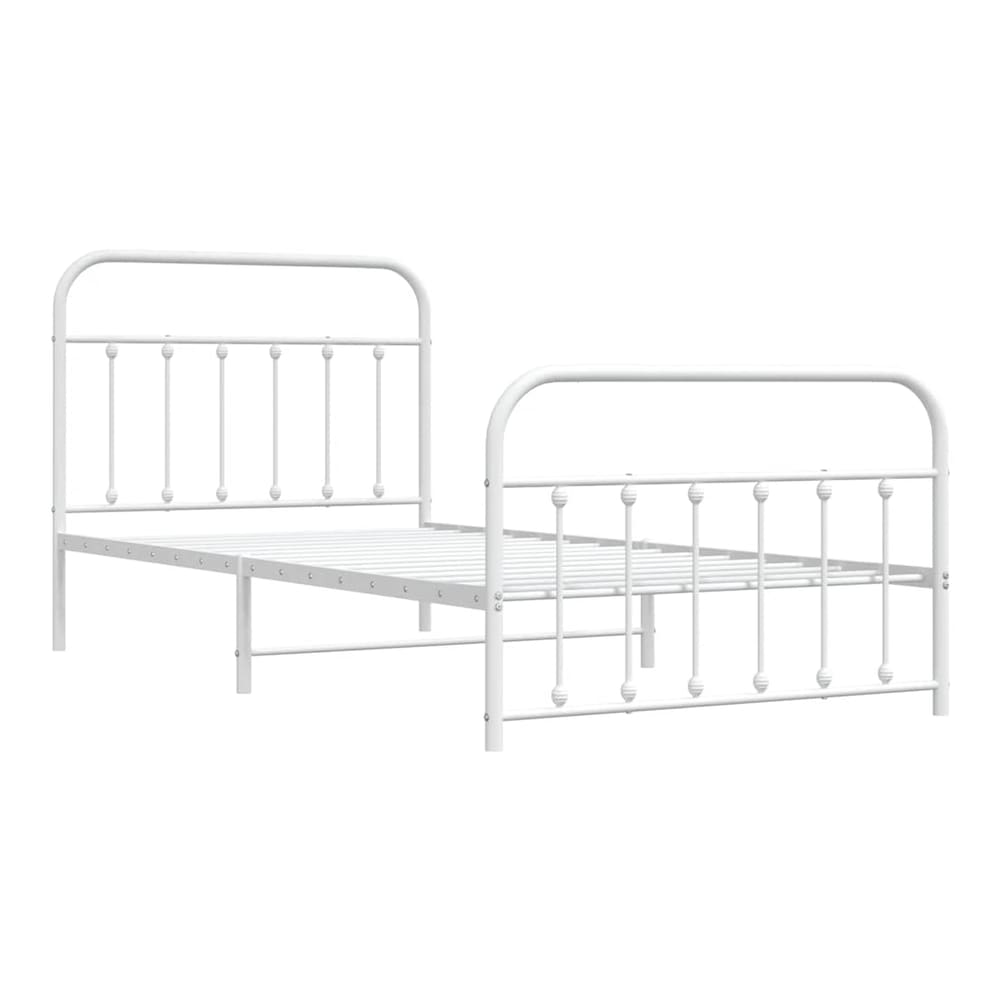 White metal bed frame without a mattress, showing the side and footboard