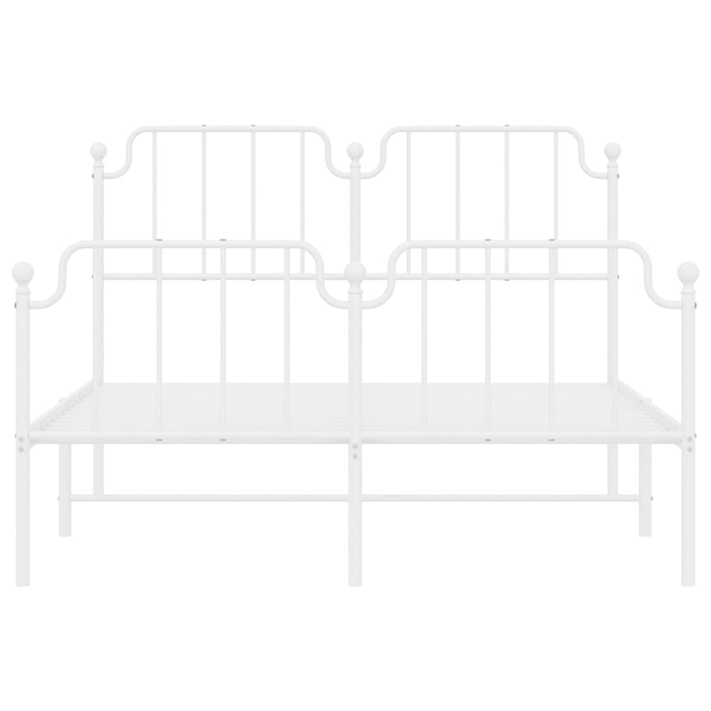 The white metal bed frame, viewed from the front without a mattress