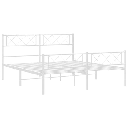 The white metal bed frame without a mattress shown from a side angle