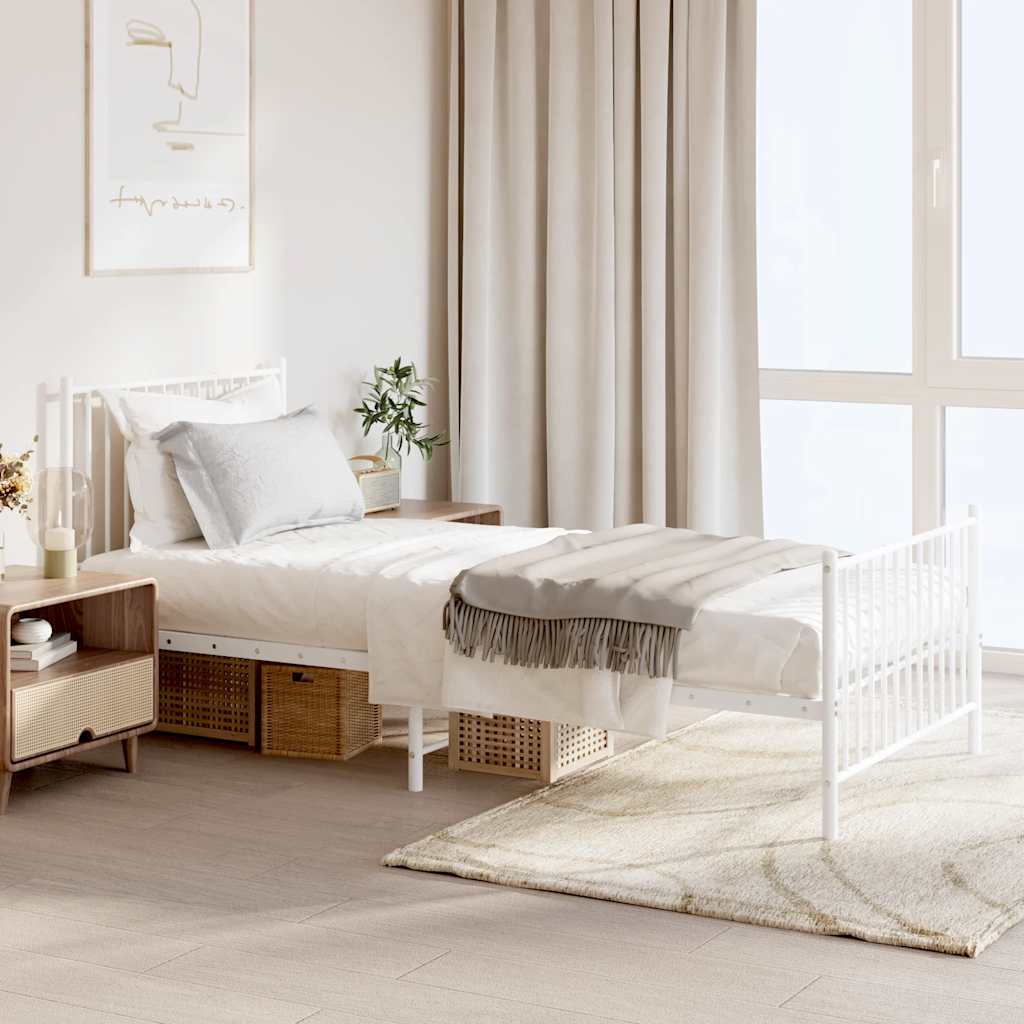 vidaXL Metal Bed Frame without Mattress with Footboard White set up in a bedroom with bedding