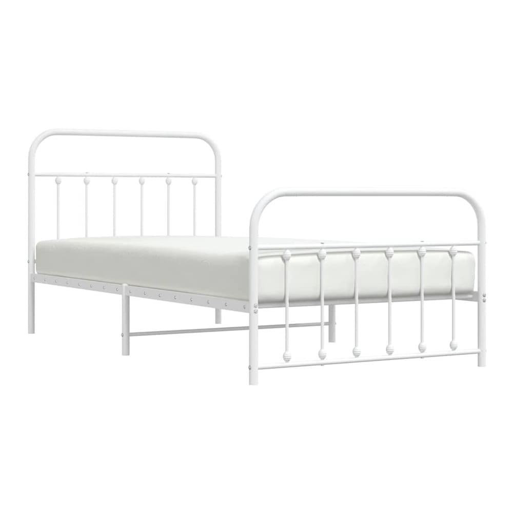 White metal bed frame with mattress, side profile