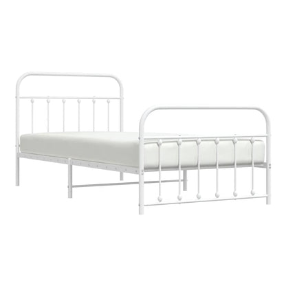 White metal bed frame with mattress, side profile