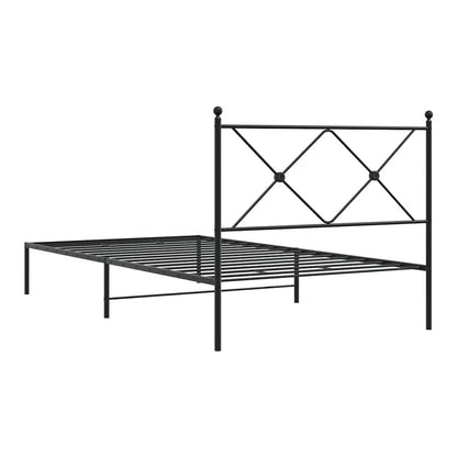 The black metal bed frame without a mattress, angled side view