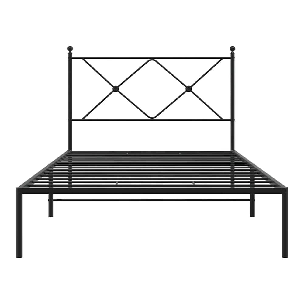 The black metal bed frame without a mattress, front on