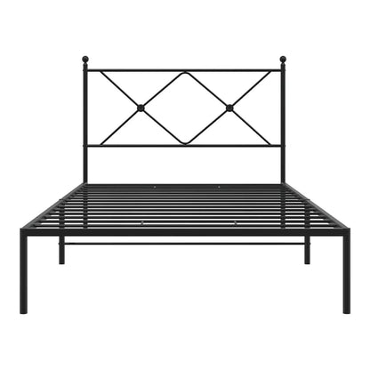 The black metal bed frame without a mattress, front on
